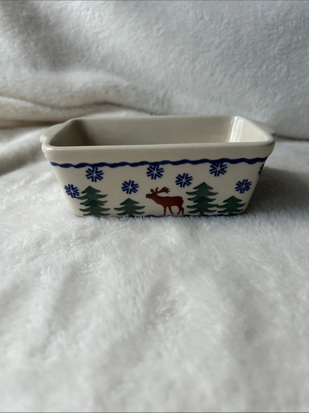 Handcrafted Boleslawiec polish pottery mini loaf baker “Ring around the reindeer